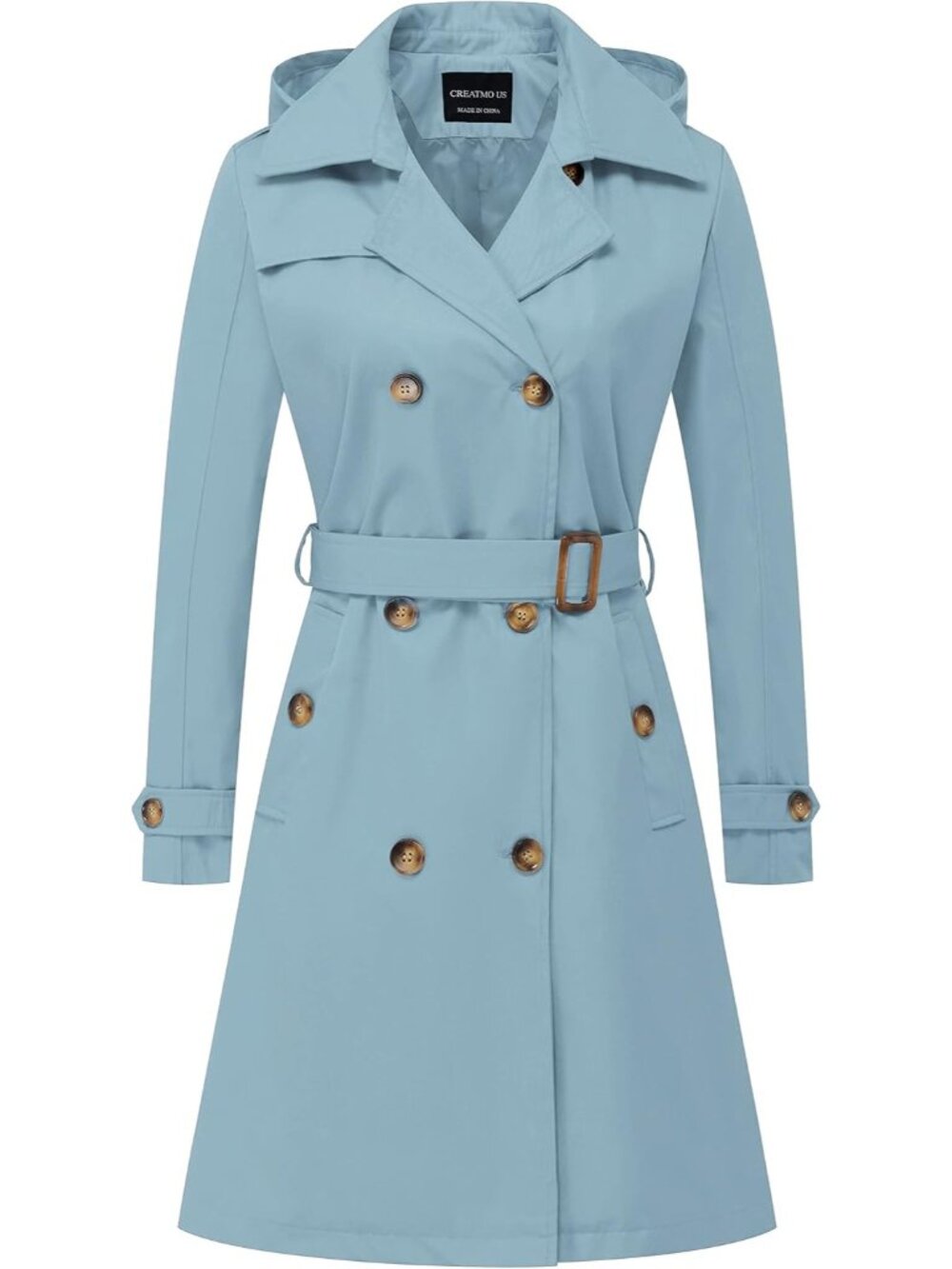 Women's Blue Lapel Collar Cuff Sleeve Overcoat Belted Slim Outerwear Trench Coat